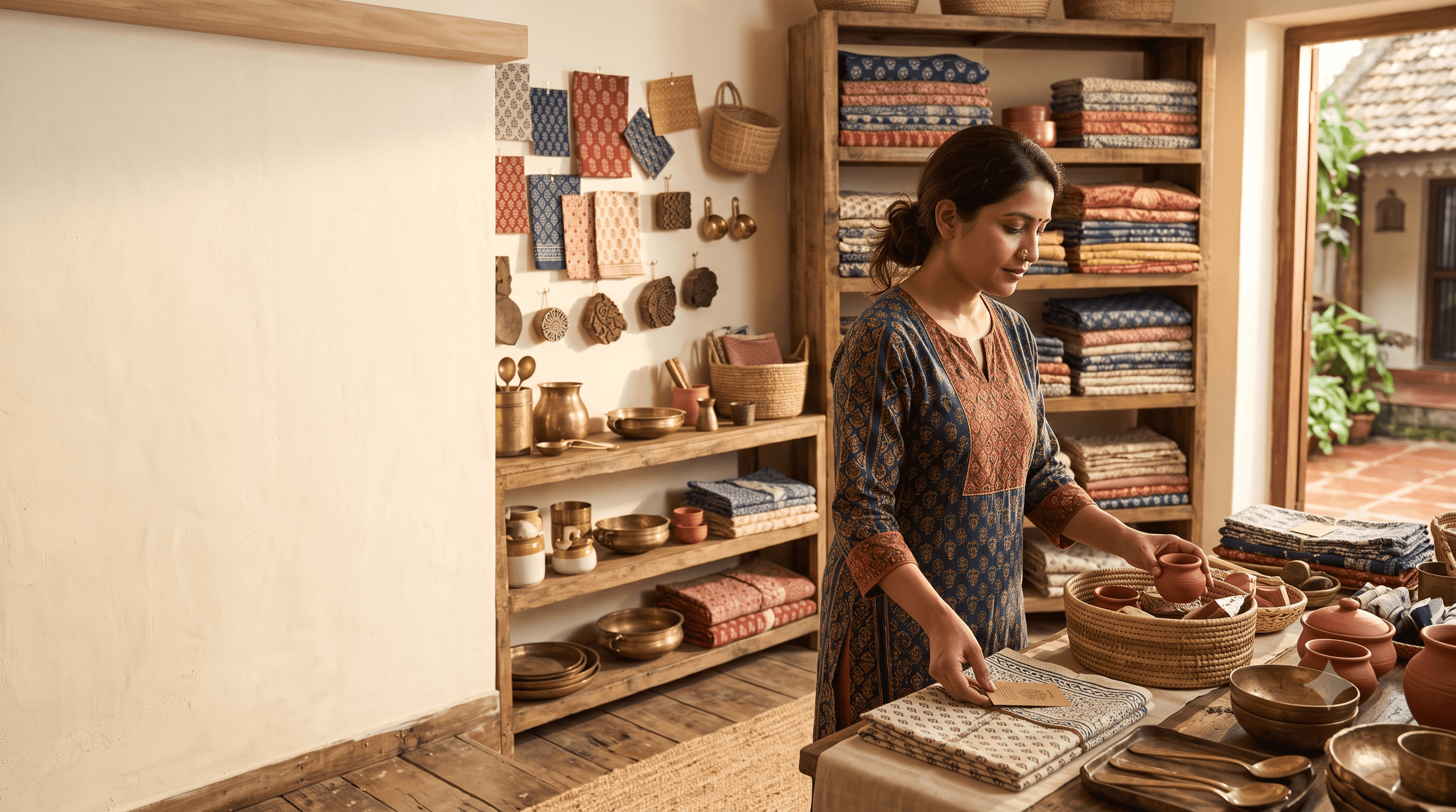 Illustrative scene of an Indian artisan crafting handmade products